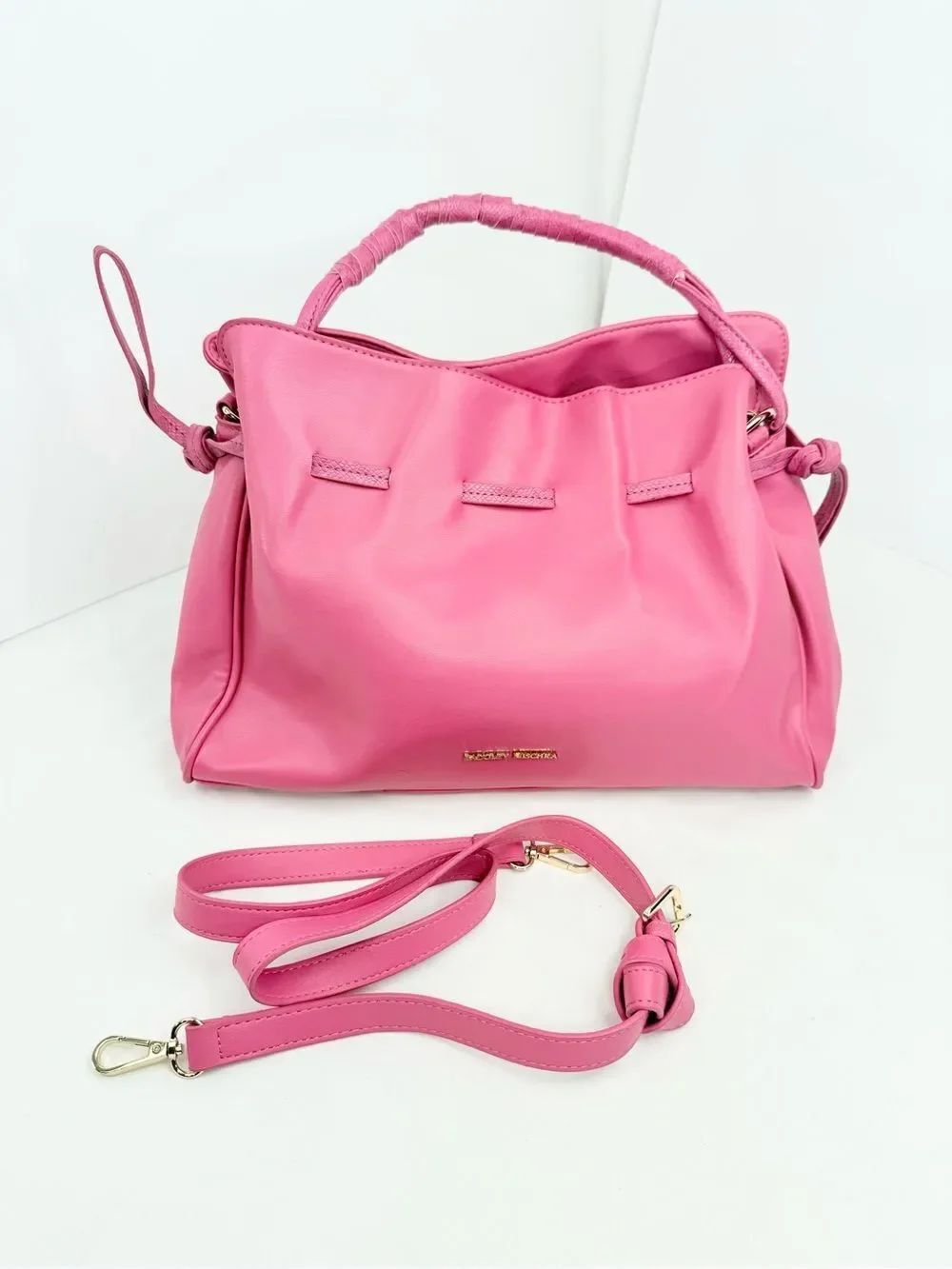 Badgley Mischka Pink Faux Leather Solid Snake Cinch Dumpling Shoulder Tote